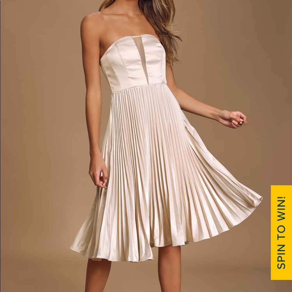 Just Like a Movie Champagne Strapless Pleated Midi Dress